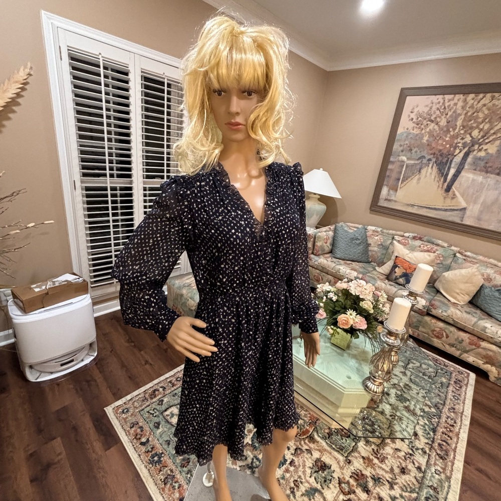 Kate Spade Navy Blue Long-Sleeve Dress with Silver Dot Floral/Star Prints.